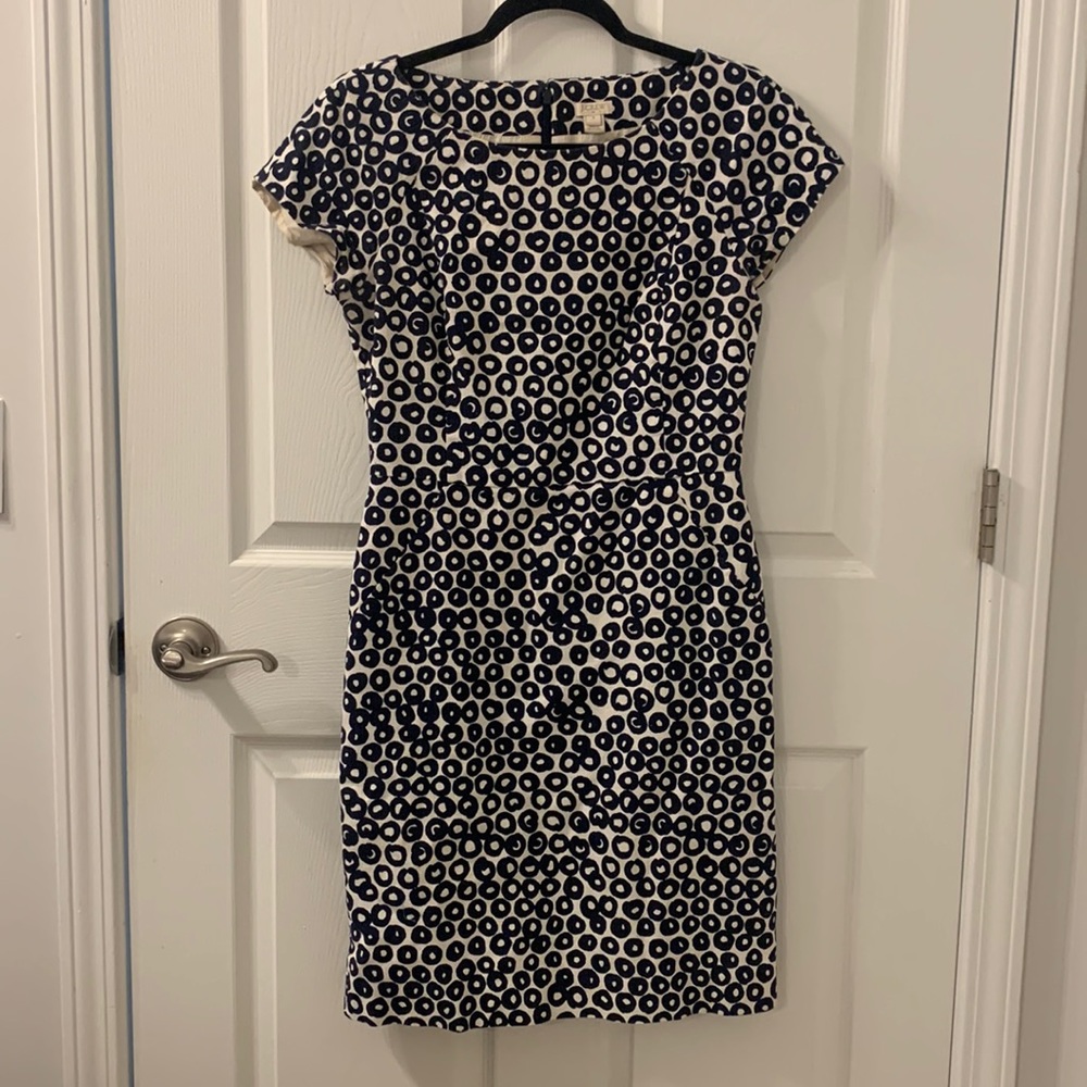 EUC J.Crew cap sleeve navy and cream bubbles shift dress size 6